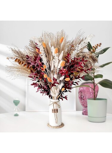 NALACAL Fall Pampas Grass Decor for Home, Warm Autumn Thanksgiving Table Arrangement, Boho Fluffy Dried Flowers Bouquet in Orange &amp; Red Tones