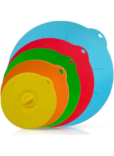 Khazna 5 Pack Reusable Silicone Suction Lids, Heat Resistant Microwave Cover for Food Covers Lids for Cups, Bowls, Plate, Pots, Pans, Skillets, Stove Top, Oven, Fridge, BPA Free - Multi