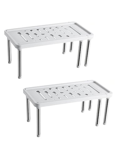 Maykela 2 Pack Expandable Countertop Organizer Shelves Cupboard Stand Kitchen Spice Rack,Cabinet Pantry Shelf, Counter Shelf Storage Organizer Kitchen Cupboard Shelves for Bathroom Kitchen (White)