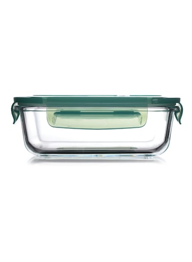 Lockie Lock Glass Food Container, 640 Ml, Green Lid, Stackable, 52 Mm Height, 171X126 Mm Blue