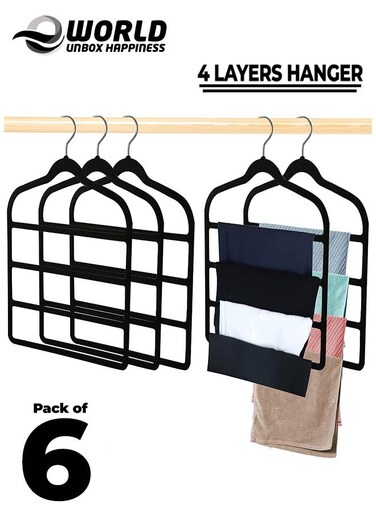 Pack of 6 Non-Slip Clothes Hangers with 4 layers, The Ultimate Space-Saving Solution for Organizing Trousers, Skirts, Coats, Dresses, and Tank Tops Effortlessly.