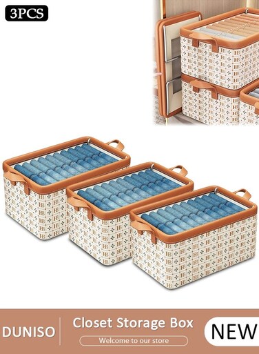 3 Pieces Closet Storage Bins, HB Steel Frame Storage with Handles, Washable Closet Storage Boxes , Stackable Wardrobe Clothes Organizer, Multi-Purpose Usage Closet Storage Basket, Cube Storage Bin for Clothes Wardrobe Home Bedroom Office(40*25*20cm)