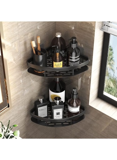 24HOCL Corner Shower Caddy Shelf, Adhesive Bath Corner Black Bathroom Shower Rack, No Drilling Wall Mounted Shower Organizer, Rustproof Bath Storage Basket for Bathroom, Toilet, Kitchen - 2 Pack