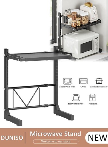 2-Tier Adjustable Countertop Microwave Oven Rack,Microwave Shelf, Metal Kitchen Countertop Organizer Shelves with 4 Hooks, Toaster Shelf Heavy Duty Stand Kitchen Counter Top Organizer for Home Office