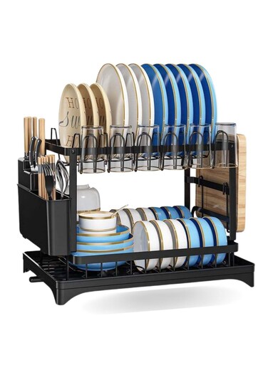 Dish Rack for Kitchen Countertop &acirc;&euro;&ldquo; Black Sink Drainer with Cutlery Shelf Organizer