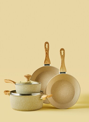 East 6 Piece Aluminum Cookware Set, Non-Stick Surface with Wood Finish Handles and Tempered Glass Lids, PFOA Free, Includes 1x24cm Deep Frying Pan, 1x28cm Deep Frying Pan, 1x18cm Saucepan with Lid, 1x24cm Casserole with Lid, Beige Beige