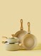 East 6 Piece Aluminum Cookware Set, Non-Stick Surface with Wood Finish Handles and Tempered Glass Lids, PFOA Free, Includes 1x24cm Deep Frying Pan, 1x28cm Deep Frying Pan, 1x18cm Saucepan with Lid, 1x24cm Casserole with Lid, Beige Beige