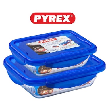 Pyrex Cook&amp;Go Set of 2 (0.8L+1.7L) Rectangle Storage Dish with Airtight Lid - Versatile Freezer-to-Oven Solution