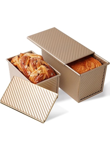 2 Packs Pullman Loaf Pan with Lid, 1 lb Dough 0.5 lb Dough Capacity, Carbon Steel Corrugated, Nonstick Sandwich Bread Loaf Pan with Lid