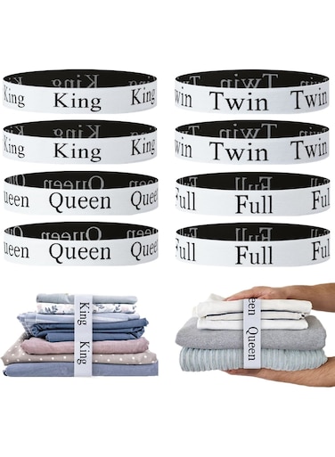 Bed Sheet Organizer Bands, Elastic Sheet Straps and Storage Keepers for Bedding Sets, Stretchable Linen Labels for Neat Closet Bedroom Dorm and Laundry Organization, 8 Pieces Set