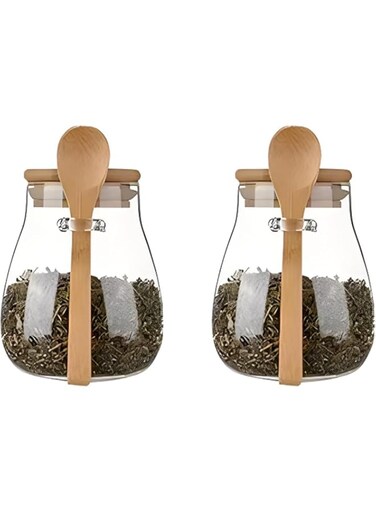 NALACAL Set of 2 Airtight Glass Storage Containers with Bamboo Lids and Spoons, Wide Mouth, Leak-Proof Canisters for Coffee, Tea, Grains, and Dried Fruits &ndash; 350ML Condiment and Sugar Containers