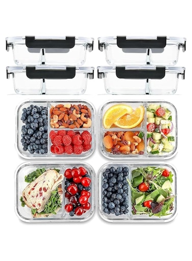 Tycom Glass Meal Prep Containers 2 &amp; 3 Compartment (4 Pack, 950ML) - Glass Food Storage Containers with Lids, Glass Lunch Box, Portion Control, Airtight, Glass Bento Box Lunch Containers- 4P