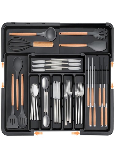Silverware Organizer - Expandable Large Kitchen Drawer Organizer Utensil Organizer with 2 Removable Knife Blocks, 22"x 19"Cutlery Tray Drawer Dividers for Kitchen Flatware(6-9 Slots) (Black)