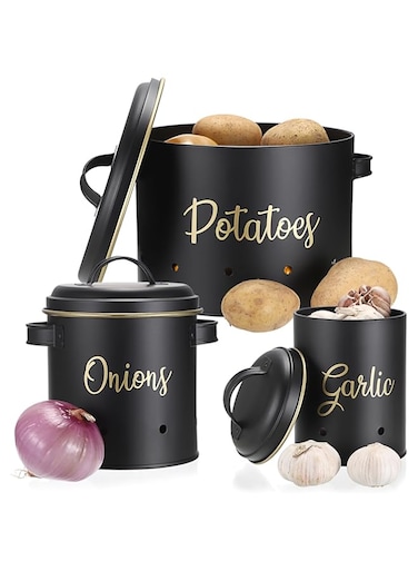 OwnMy Set of 3 Potato Onion Garlic Storage Bins Vegetable Containers Food Containers for Kitchen Counter, Potato Onion Storage Containers for Pantry Garlic Storage Jars Vegetable Canisters Set, Black