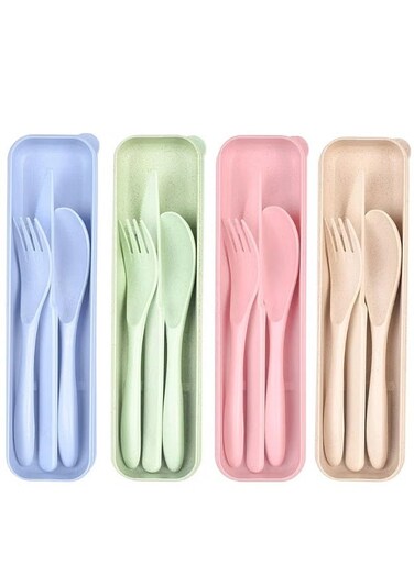 Reusable Travel Utensils Set with Case,4 Sets Wheat Straw Reusable Spoon Knife Forks Tableware, Cutlery Set for Lunch Box for Adults Kids
