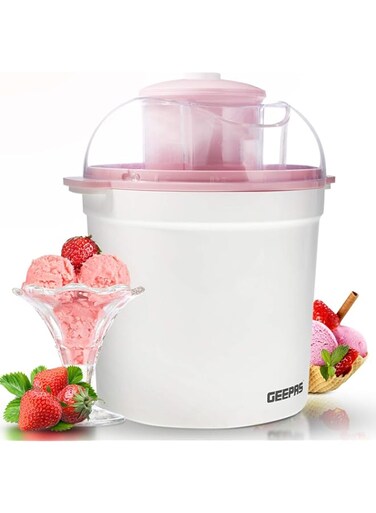 Geepas Ice Cream Maker Machine BPA Free   Makes Delicious Homemade Soft Ice Cream, Gelato, Frozen Yoghurt &amp; Sorbet  1.7L Aluminum Removable Inner Bowl   Detachable Mixing Paddle   2 Year Warranty