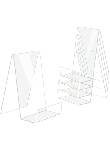 DesignSter 5PCS Clear Acrylic Book Stand, Transparent Acrylic Bookshelf, Book Holder Table, Picture Album and Brochure Holder for Displaying Books, Notebooks, Picture Albums, Picture Books, etc.