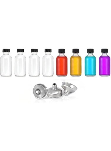 HIQUAY 8 Pcs Clear Glass Bottle with Cap, Boston Round Sample Glass Bottle, 60 ML Small Glass Bottles, with 3 Stainless Steel Funnels, No Leakage, for Juice, Ginger Juice, Oil, Liquid