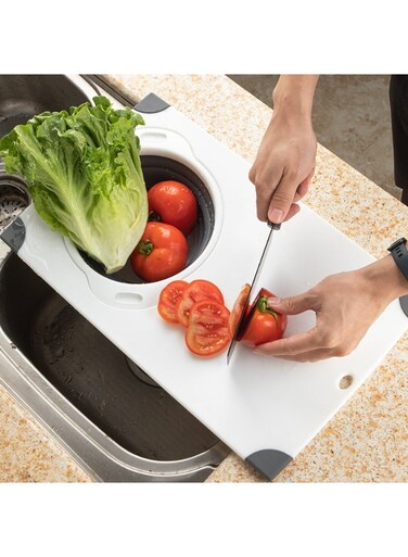 2-In-1 Foldable Cutting Board With Colander   Premium Food-Grade PP+TPR Material   Non-Slip Stable Base Design   Chop &amp; Drain Simultaneously   Space-Saving Kitchen Essential   Foldable For Easy Storage   Antibacterial &amp; Mold-Resistant   Easy To Clean Multipurpose Kitchen Tool