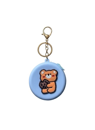 MOBCOS Mini Pouch Keychain &ndash; Cute Round Zipper Coin Purse &amp; Multipurpose Mini Storage Bag with Keyring for Coins, Cash, Keys and Small Essentials   Blue Teddy