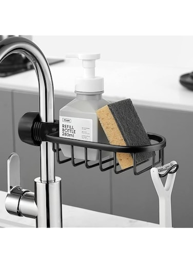 Azonee Faucet Rack, Sponge Holder for Kitchen &amp; Bathroom Stainless Steel Adjustable Faucet Rack for Holding Sponge/Soap/Shampoo/Shower Caddy Shelf Detachable Faucet Rack (Black)