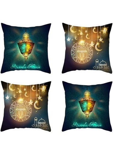 Set of 4 Ramadan Pillow Covers &ndash; Peach Skin Cashmere Cushion Covers 45x45cm &ndash; Elegant Moon &amp; Lantern Designs for Ramadan Home Decor, Sofa, Couch, Bed, Car &ndash; Islamic Eid Decorations (No Inserts)