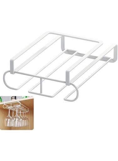 Xspring Wine Glass Holder, Capacity for 4-8 Wine Glasses Under Cabinet Glass Rack, Double Row Shelf Rack Stemware Holder, Space Saving Glass Storage Hanger Organizer for Bar Kitchen Cabinet