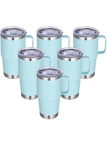 Abbrevi 20 oz Stainless Steel Tumbler with Handle Bulk Metal Insulated Tumblers Travel Coffee Mug with Handle Double Wall Tumbler Cup with Lid and Straw, Mint Green 6 Pack