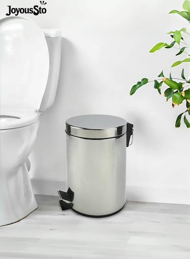 Stainless Steel Trash Can with Lid &amp; Step Pedal - 5 Liters/1.3 Gallon Soft Close Waste Basket with Removeable Inner Bucket - Garbage Can for Bathroom, Bedroom, Kitchen &amp; Office (Chrome)