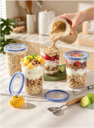 4 Pack 16oz Overnight Oats Containers with Lids - Reusable Leakproof BPA-Free Plastic Jars for Oatmeal, Yogurt, Soup, Cereal, Snacks &amp; Meal Prep