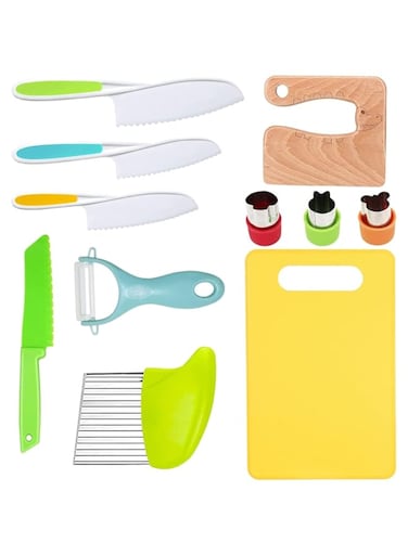 Khazna Wooden Kids Kitchen Knife, Kids Knife Set Include Wood Kids Safe Knife, Serrated Edges Plastic Toddler Knife, Crinkle Cutter, Sandwich Cutter, Y Peeler, Cutting Board (Crocodile, 11 Pieces)