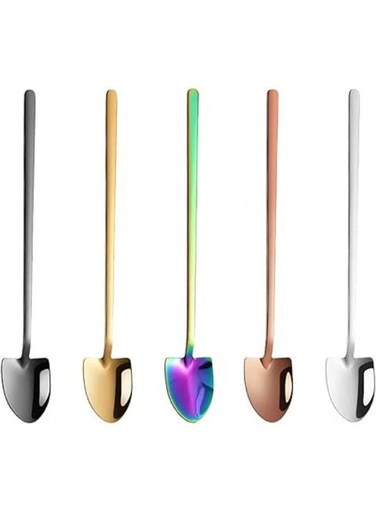 Shaped Stainless Steel Spoon, Long Handle Dessert Shovel, Safe, Non Toxic, Durable, Easy to Clean, Suitable for Mixing, Dessert, Coffee, Ice Cream, 5 Pcs, Silver, Gold, Rose Gold, Black, Color