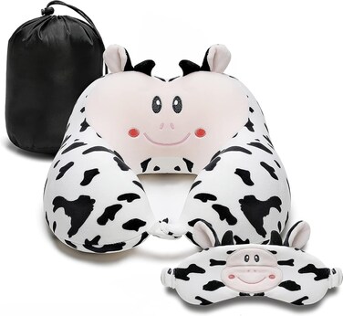 Travel Pillow for Kids and Adults, Cute Animal Memory Foam Neck Pillow with Soft Fleece Cover and Eye Mask Set, Airplane Pillow Travel Kit with Drawstring Organizer Bag, Machine Washable (Cow)