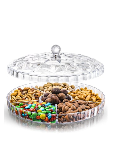 Snack Tray, 12" Appetiser Tray, 6 Compartment Round Plastic Food Storage with Lid for Dried Fruits, Nuts, Candy, Sweet Biscuits and Fruits