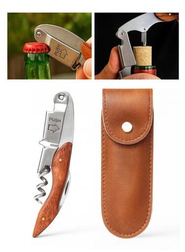 Wine Opener with Wooden Handle &amp; Leather Case, Durable Stainless Steel Wine Key for Bar, Restaurant &amp; Home