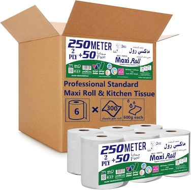Lotus Alwadi Multi-Surface Maxi Roll &amp; Kitchen towel tissue, Size - 6 Super Rolls (3 Pairs of 2) - 250 + 50 Sheets (300 sheets per roll)