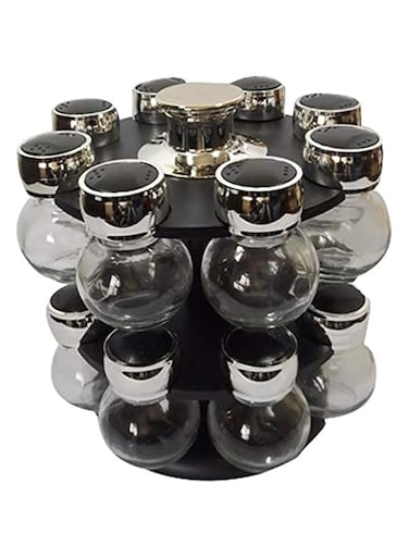 SKEIDO 16 Piece Glass Jar Spice Rack Set - Silver