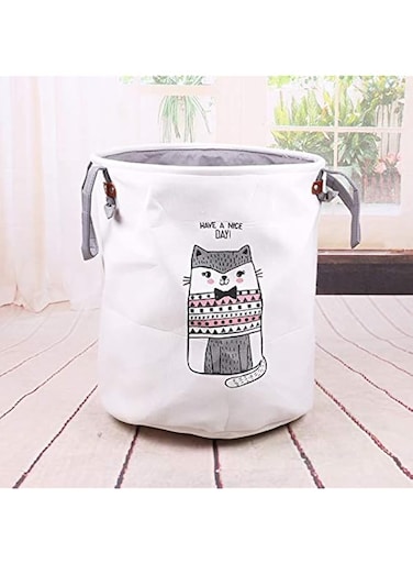 Homecanvas As_Snt01 Canvas Folding Storage Basket Baby Toy Storage Laundry Basket Stylish Double Layer Canvas Storage Hamper Round Laundry Bin Thick Bag Organizer (Cat Grey)