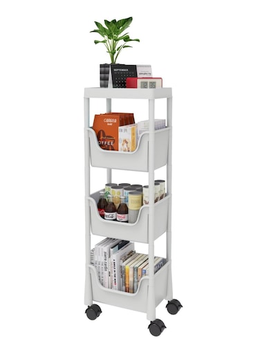 4-Tier Plastic Rolling Utility Cart - Multifunctional Storage Cart with Lockable Wheels, Storage Cart Organizer for Bedroom, Living Room, Kitchen, Bathroom, Office, Dark Gray