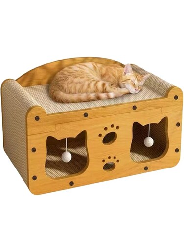 DodoxDIY Multifunction Cat House, Large Cat Beds For Indoor Cats,Cat Scratcher Pad Cage,Pet Home With Fluffy Ball Hanging,Pet Cage (Double-layer double-cat-head door cat house 56 * 27 * 30cm)