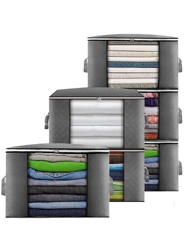 SKY-TOUCH 6 Pack Large Capacity Storage Bags, 90L Foldable Clothing Storage Bags Organizer with Reinforced Handle Thick Fabric for Comforters, Clothes, Blankets, Bedding,60x40 cm,Dark Grey
