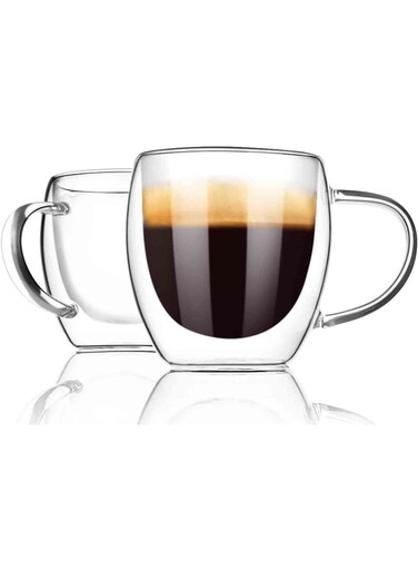 2-Piece 250ML Double Walled Glass Coffee Mugs with Handle, Insulated Layer Coffee Cups, Clear Borosilicate Mugs, Perfect for Espresso Cappuccino Tea