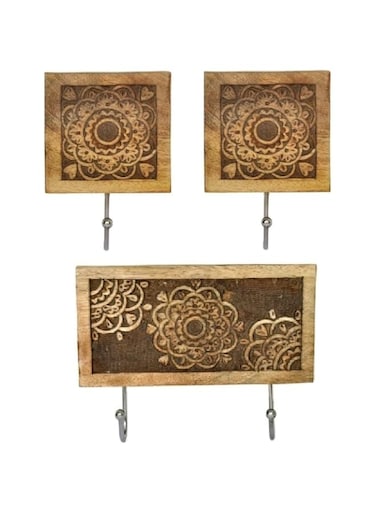 Souq DESIGNS Wooden Key Holder with Wall Hooks - Heavy Duty Key Holder, Hooks and Organiser, Hanging Hooks for Kitchen - Set of 3