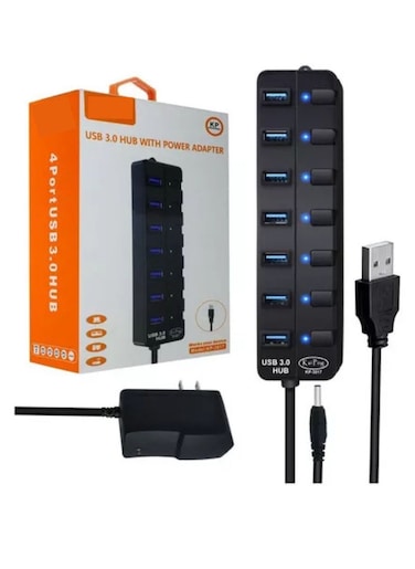 USB 3.0 hub with power adapter 7 port cable about 120cm black