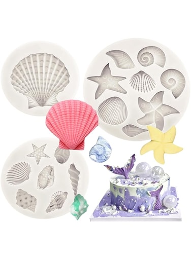 nalaina 3 PCS Silicone Fondant Molds, Clay Molds, Jelly Molds, Marine Theme, Seashell, Starfish, Coral, Conch Molds for DIY, Candy, Chocolate, Pastry, Cake Decoration, Soap Crafting Projects