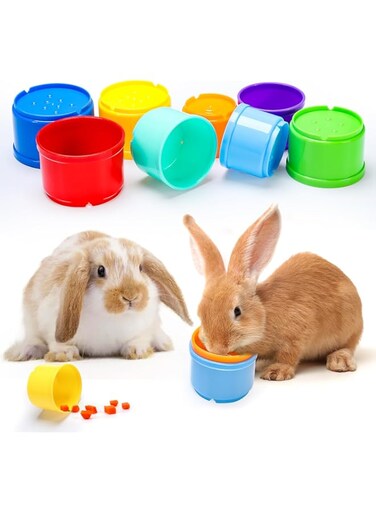 MEWTOGO 8 Pcs Stacking Cups for Rabbits - Safe Reusable Bunny Toys in Different Sizes, Durable Rainbow Colored Nesting Toys for Small Animals, Bunny Hiding Food Playing Gifts
