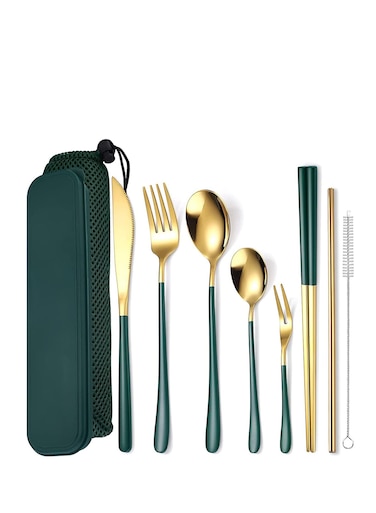 Portable Reusable Cutlery Set, Travel Utensils Set with Case, Stainless Steel Flatware Set Including Knife Fork Spoon Chopsticks Straws Brush, Dishwasher Safe (8Pcs Green golden)