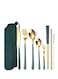 Portable Reusable Cutlery Set, Travel Utensils Set with Case, Stainless Steel Flatware Set Including Knife Fork Spoon Chopsticks Straws Brush, Dishwasher Safe (8Pcs Green golden)