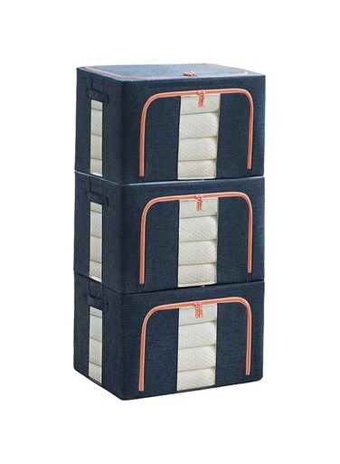 Qiccijoo 3Pack Clothes Storage Bag with Robust Steel Framed Foldable Closet Organizers Storage Containers,Large Storage Bins for Comforters, Blankets, Bedding,Toys, Books,Clear Window, 72L-Denin Blue