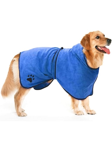 DELIFUR Dog Bathrobe Towel Microfiber- Fast Drying Coat Pet Bath Robe Towels Coat Dog Drying Coat Absorbent Pet Dog Cat Bathrobe for Dogs and Cats (Blue, M)